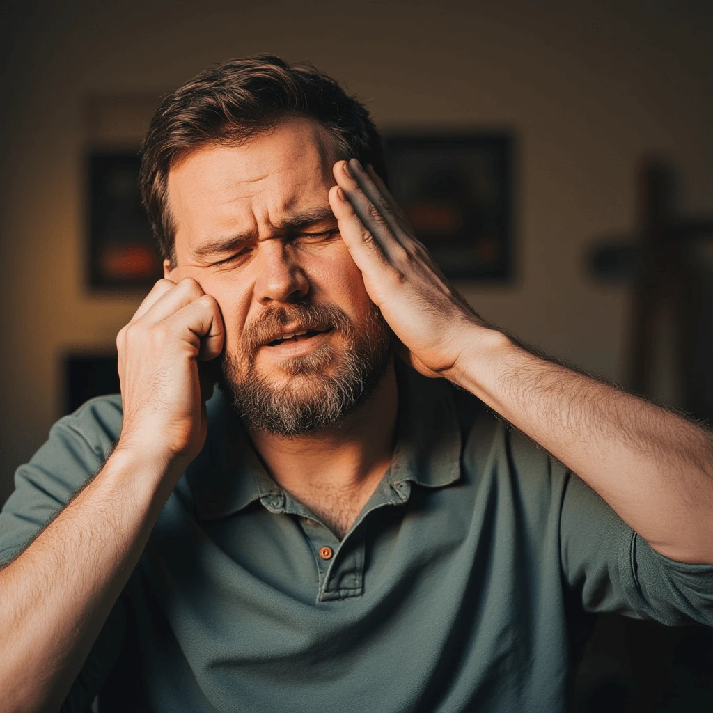 Man holding his cheek with a pained expression, showing discomfort due to wisdom tooth pain.