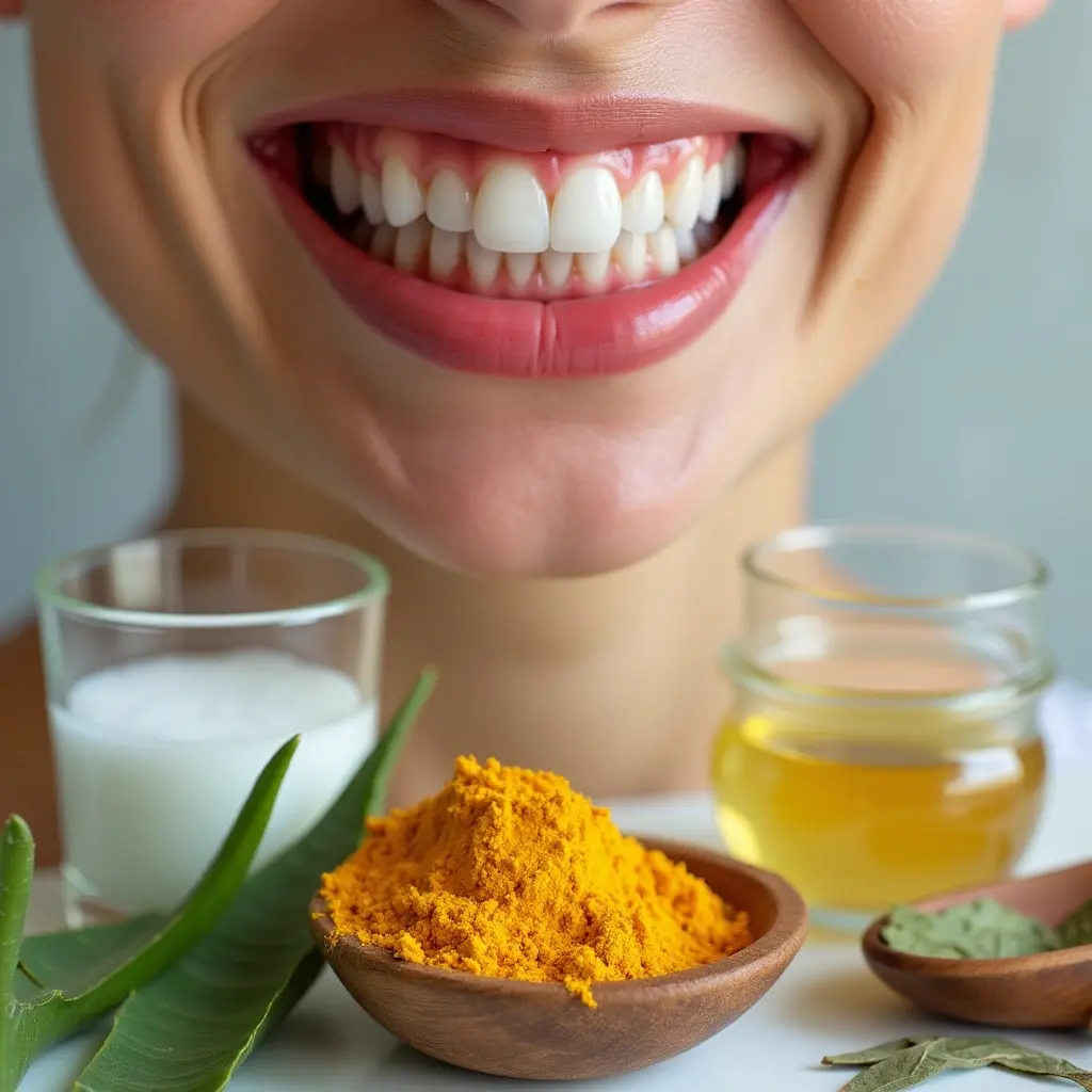 A close-up of healthy gums and teeth after using natural home remedies for gum disease, featuring aloe vera, saltwater rinse, and clove oil as effective treatments.